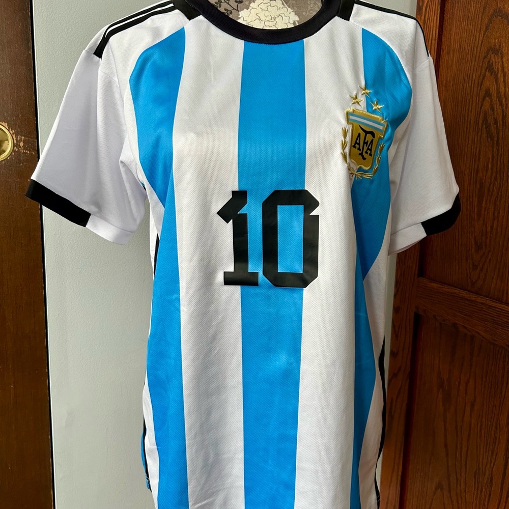Blue and White Stripe Messi Short Sleeve Shirt